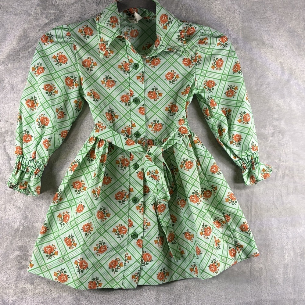 Vintage‎ 60s 70s Girls Smocked Floral Lattice Cotton Dress Green Orange Ruffle